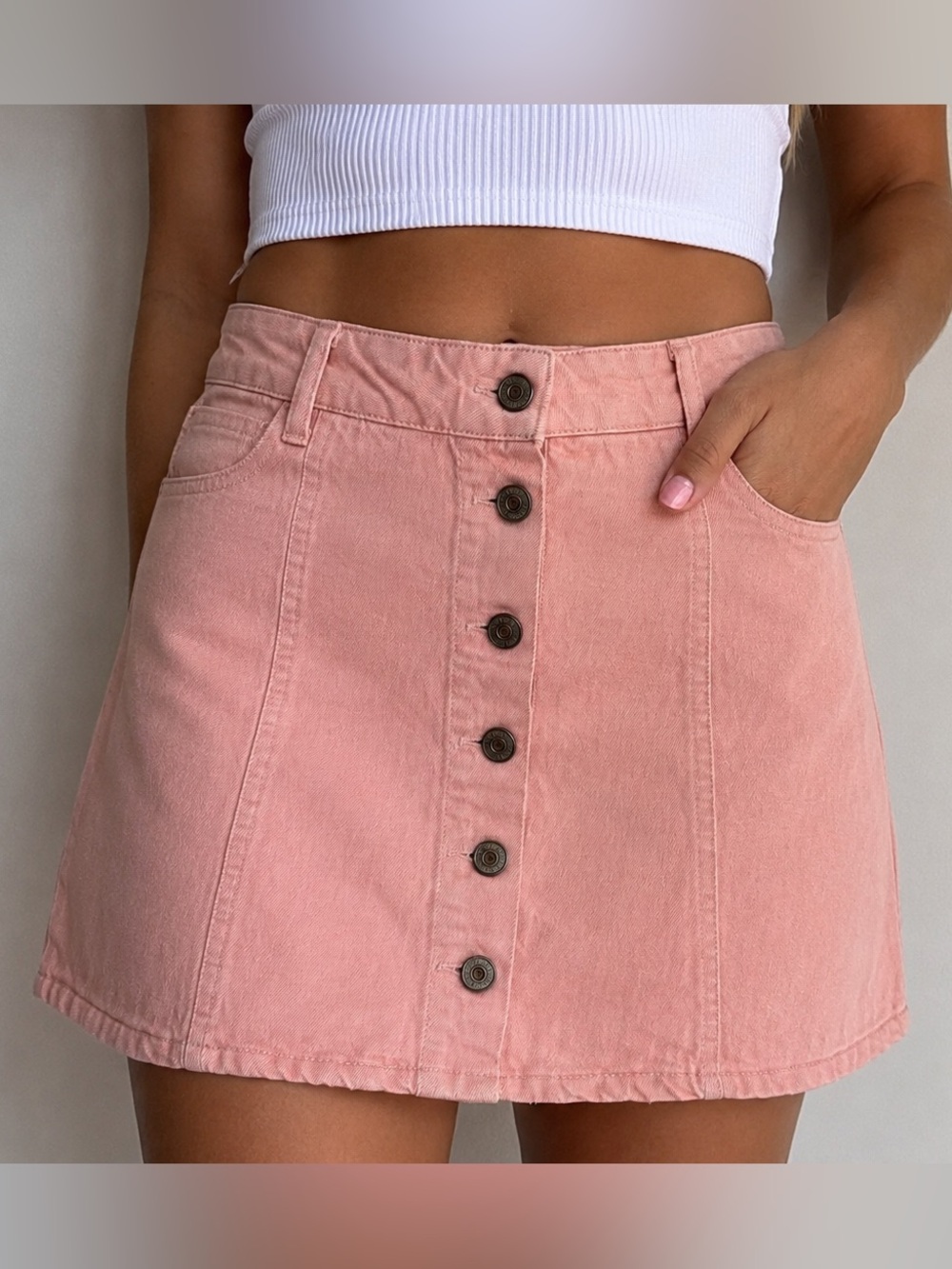Forever 21 Peach Pink Denim Button-Front A-Line Mini Skirt